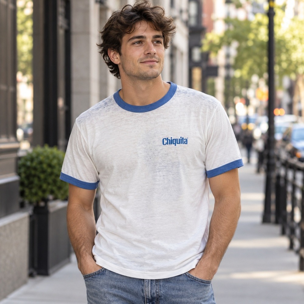Vintage Hanes Chiquita Banana Ringer T-Shirt Mens Medium White Blue Made in USA